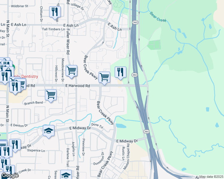 map of restaurants, bars, coffee shops, grocery stores, and more near 918 East Harwood Road in Euless