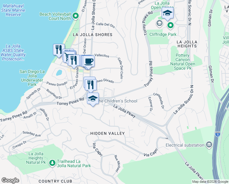 map of restaurants, bars, coffee shops, grocery stores, and more near 2408 Torrey Pines Road in San Diego
