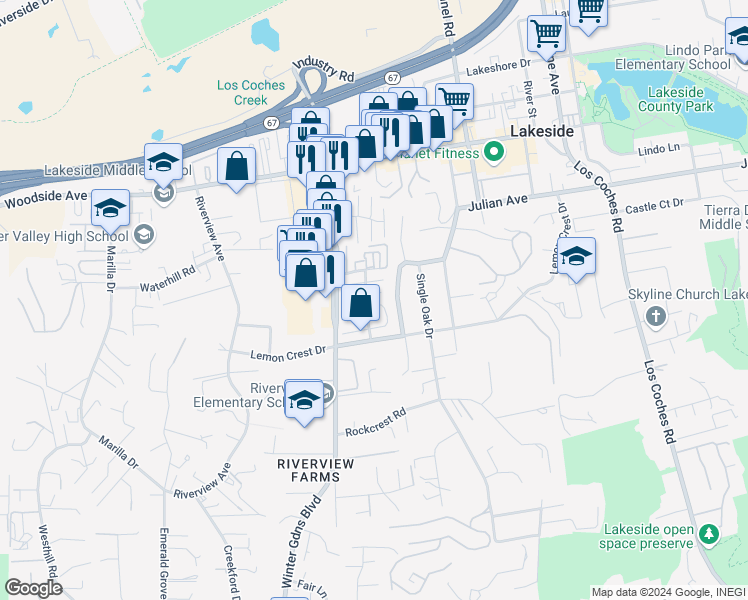 map of restaurants, bars, coffee shops, grocery stores, and more near 12149 Orange Crest Court in Lakeside