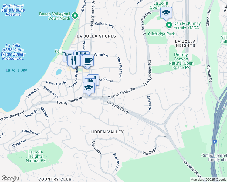 map of restaurants, bars, coffee shops, grocery stores, and more near 2408 Torrey Pines Road in San Diego