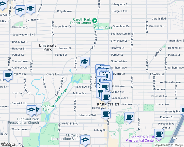 map of restaurants, bars, coffee shops, grocery stores, and more near 3451 Lovers Lane in Dallas