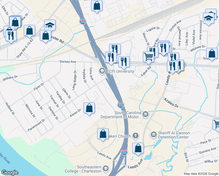 map of restaurants, bars, coffee shops, grocery stores, and more near 4620 West Ada Avenue in North Charleston