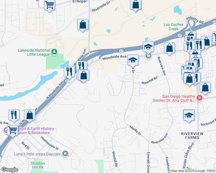 map of restaurants, bars, coffee shops, grocery stores, and more near 11609 Sunset Knolls Road in Lakeside