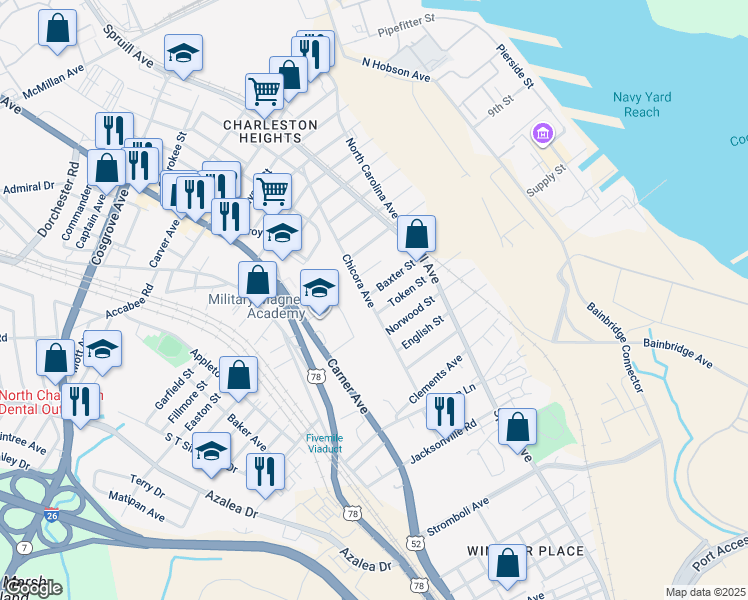 map of restaurants, bars, coffee shops, grocery stores, and more near 1938 Baxter Street in North Charleston