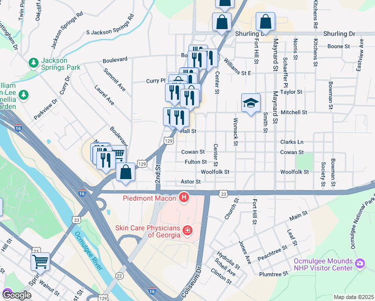 map of restaurants, bars, coffee shops, grocery stores, and more near 378 Cowan Street in Macon