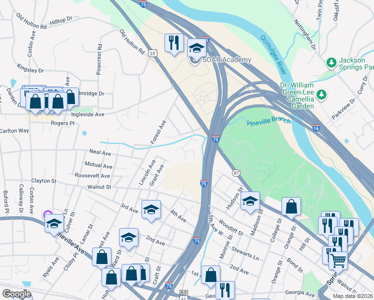 map of restaurants, bars, coffee shops, grocery stores, and more near 547 Baxter Ave in Macon