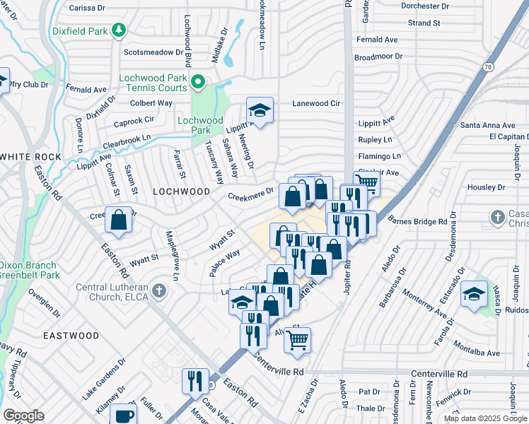 map of restaurants, bars, coffee shops, grocery stores, and more near 11039 Wyatt Street in Dallas