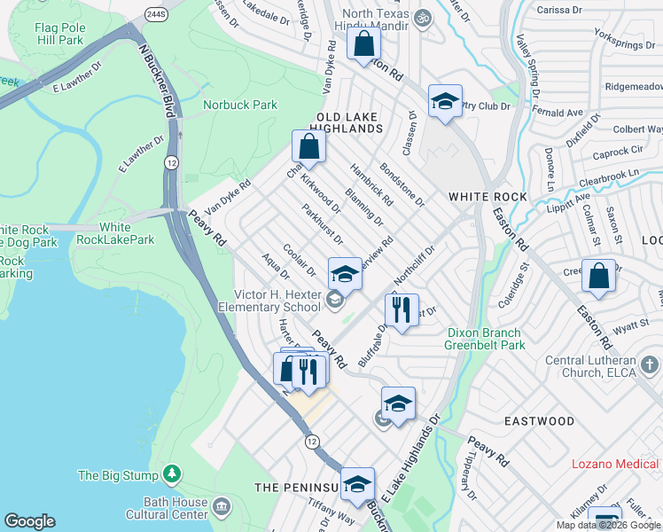 map of restaurants, bars, coffee shops, grocery stores, and more near 608 Brookhurst Drive in Dallas