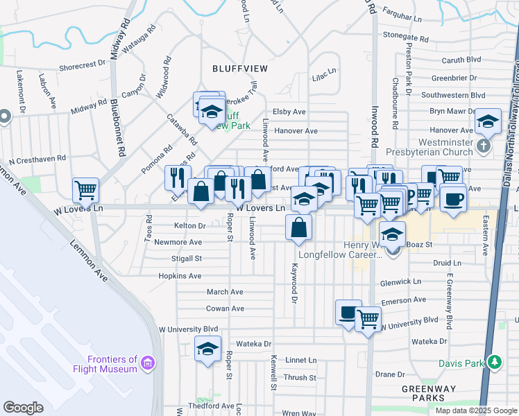 map of restaurants, bars, coffee shops, grocery stores, and more near 4719 West Lovers Lane in Dallas