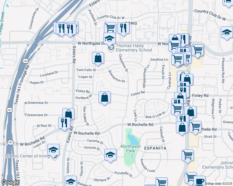 map of restaurants, bars, coffee shops, grocery stores, and more near 3826 Pendleton Court in Irving