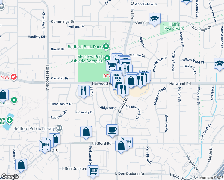 map of restaurants, bars, coffee shops, grocery stores, and more near 2100 Harwood Road in Bedford