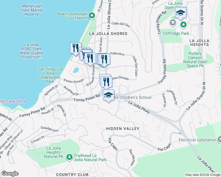 map of restaurants, bars, coffee shops, grocery stores, and more near 7955 La Jolla Shores Drive in San Diego