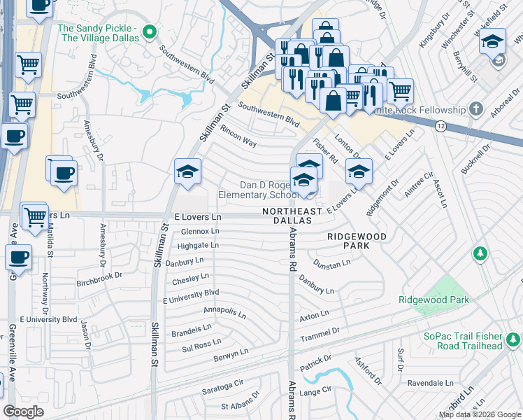 map of restaurants, bars, coffee shops, grocery stores, and more near 6311 East Lovers Lane in Dallas