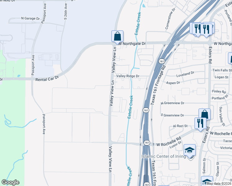 map of restaurants, bars, coffee shops, grocery stores, and more near 3608 Valley View Lane in Irving