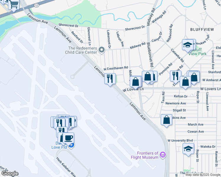 map of restaurants, bars, coffee shops, grocery stores, and more near 8001 Lemmon Avenue in Dallas