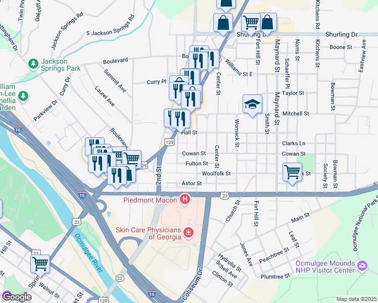 map of restaurants, bars, coffee shops, grocery stores, and more near 378 Cowan Street in Macon
