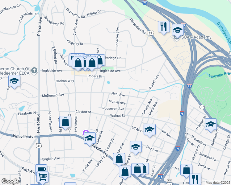 map of restaurants, bars, coffee shops, grocery stores, and more near 2187 Neal Avenue in Macon