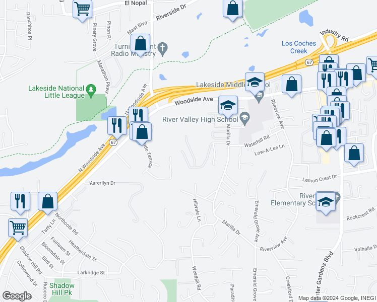 map of restaurants, bars, coffee shops, grocery stores, and more near 11609 Sunset Knolls Road in Lakeside