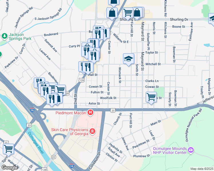 map of restaurants, bars, coffee shops, grocery stores, and more near 808 Center Street in Macon