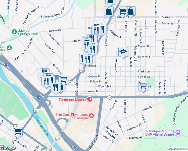 map of restaurants, bars, coffee shops, grocery stores, and more near 390 Cowan Street in Macon