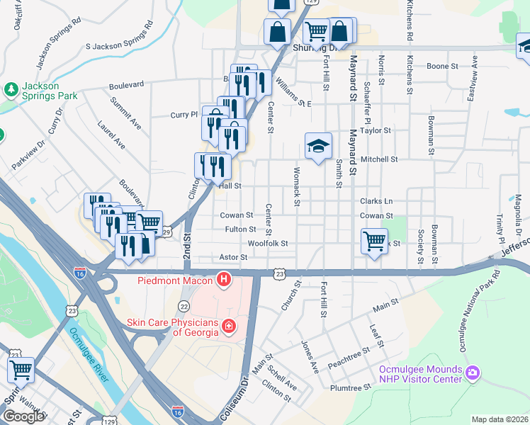 map of restaurants, bars, coffee shops, grocery stores, and more near 832 Center Street in Macon