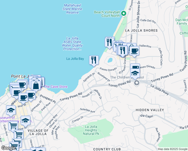 map of restaurants, bars, coffee shops, grocery stores, and more near 1905 Spindrift Drive in San Diego