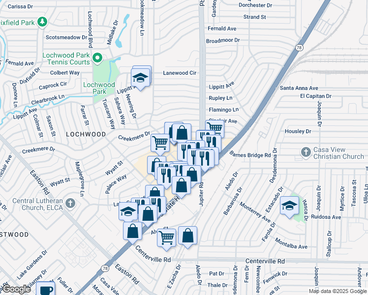 map of restaurants, bars, coffee shops, grocery stores, and more near 11535 Jupiter Road in Dallas