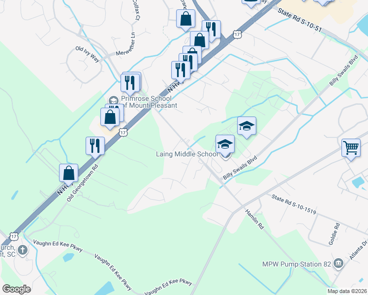 map of restaurants, bars, coffee shops, grocery stores, and more near 1201 Hamlin Road in Mount Pleasant