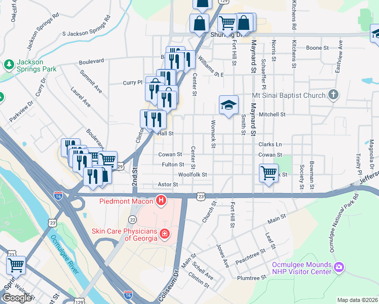 map of restaurants, bars, coffee shops, grocery stores, and more near 832 Center Street in Macon