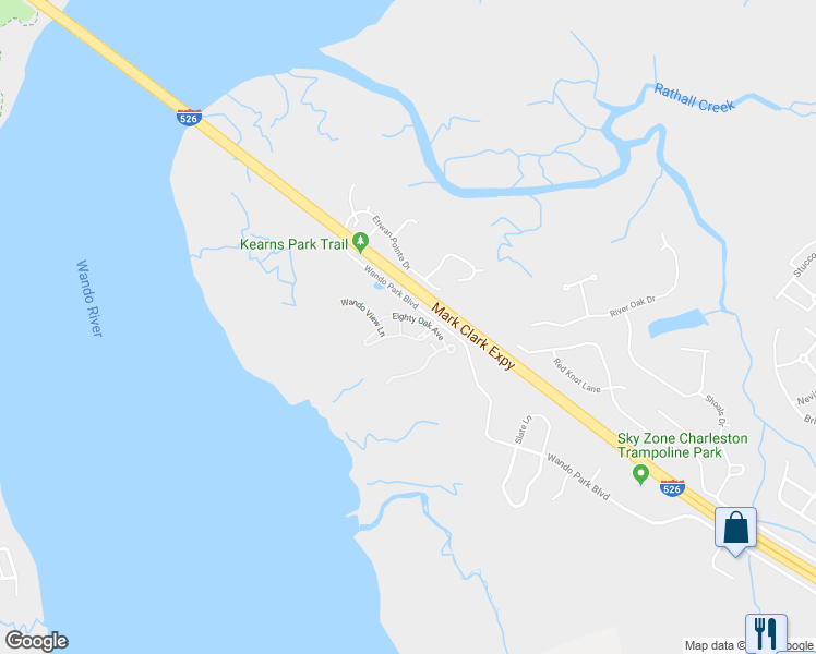 map of restaurants, bars, coffee shops, grocery stores, and more near 100 Wando Park Boulevard in Mount Pleasant