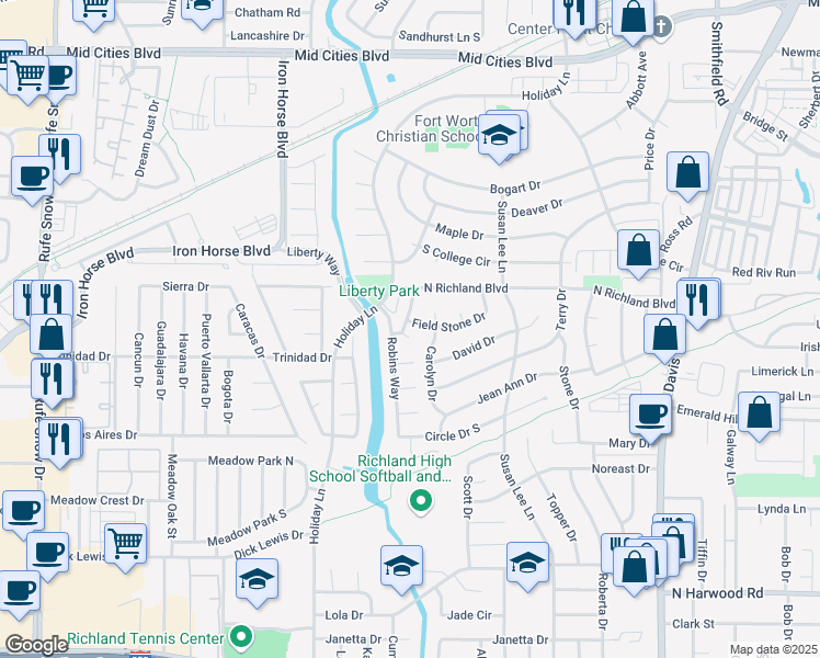 map of restaurants, bars, coffee shops, grocery stores, and more near 7309 Duncan Court in Fort Worth