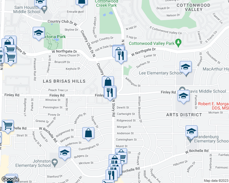 map of restaurants, bars, coffee shops, grocery stores, and more near 3401 North Story Road in Irving
