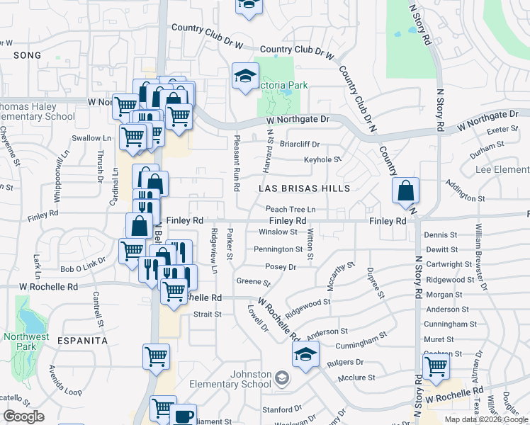 map of restaurants, bars, coffee shops, grocery stores, and more near 2716 Peach Tree Lane in Irving