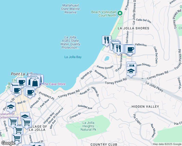 map of restaurants, bars, coffee shops, grocery stores, and more near 1905 Spindrift Drive in San Diego