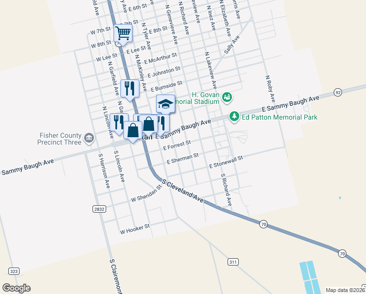 map of restaurants, bars, coffee shops, grocery stores, and more near 308 East Forrest Street in Rotan