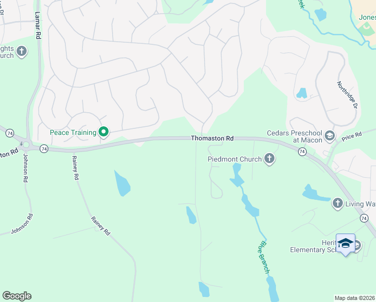 map of restaurants, bars, coffee shops, grocery stores, and more near 6478 Thomaston Road in Macon