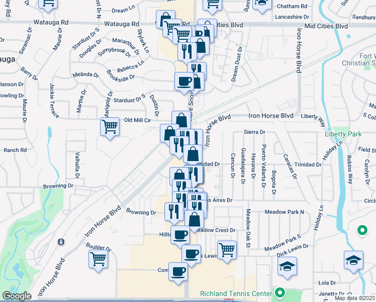 map of restaurants, bars, coffee shops, grocery stores, and more near Rufe Snow Dr & Iron Horse Blvd in North Richland Hills