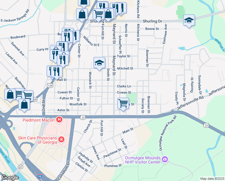 map of restaurants, bars, coffee shops, grocery stores, and more near 784 Cowan Street in Macon