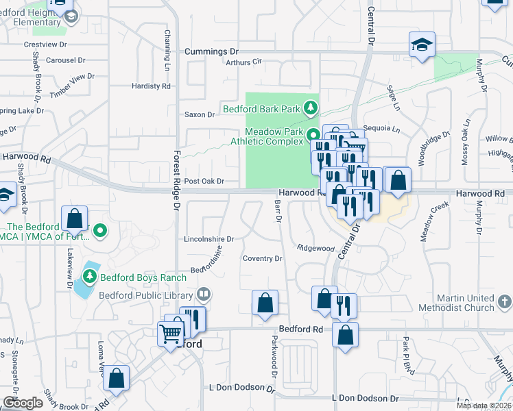 map of restaurants, bars, coffee shops, grocery stores, and more near 38 Lincolnshire Drive in Bedford