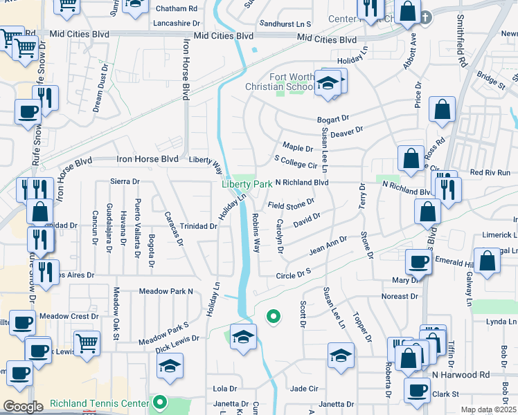 map of restaurants, bars, coffee shops, grocery stores, and more near 5900 Circle Drive North in North Richland Hills