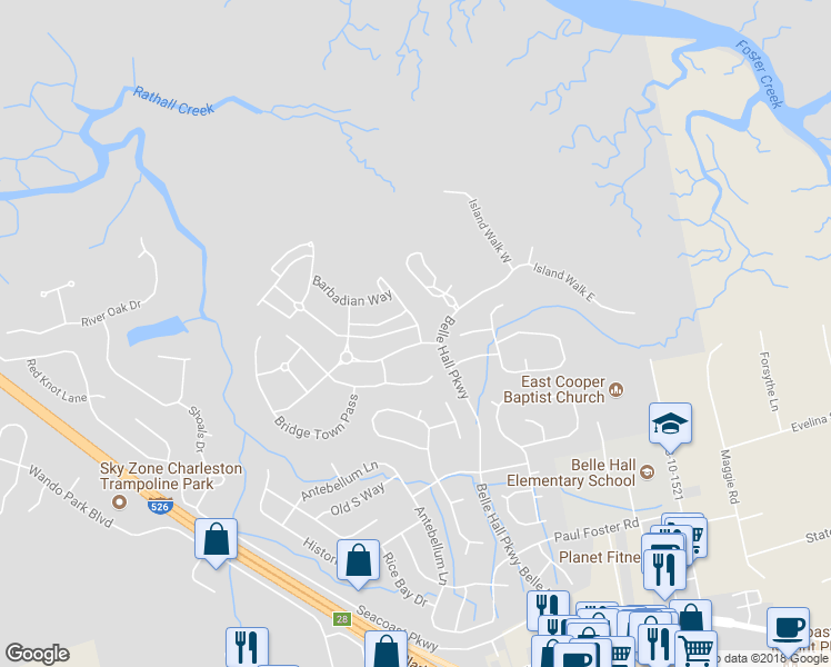 map of restaurants, bars, coffee shops, grocery stores, and more near 701 Hibben's Grant Boulevard in Mount Pleasant