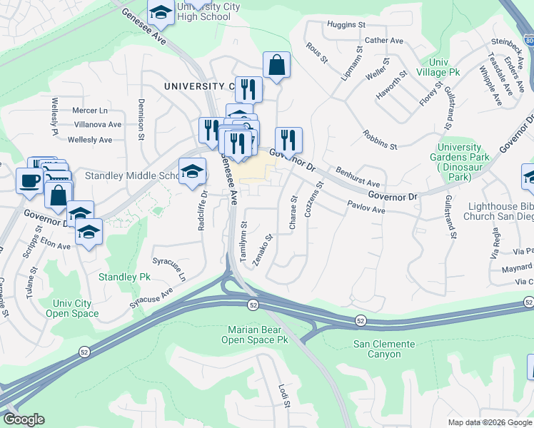 map of restaurants, bars, coffee shops, grocery stores, and more near 4133 Raya Way in San Diego