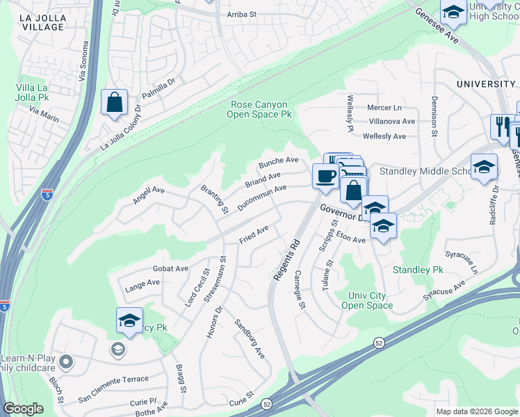 map of restaurants, bars, coffee shops, grocery stores, and more near 3047 Ducommun Avenue in San Diego