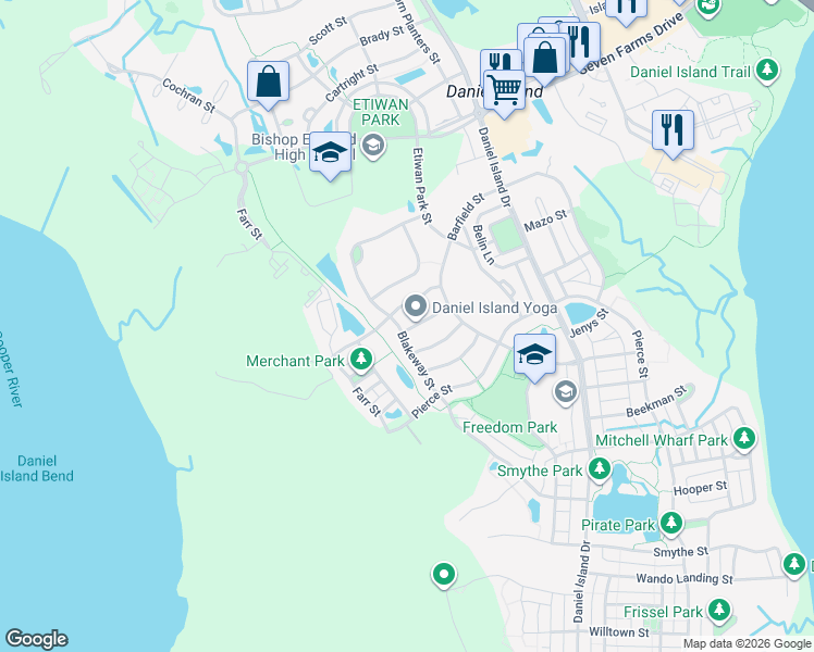 map of restaurants, bars, coffee shops, grocery stores, and more near 1119 Blakeway Street in Charleston