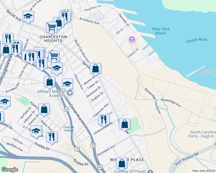 map of restaurants, bars, coffee shops, grocery stores, and more near 1804 English Street in North Charleston