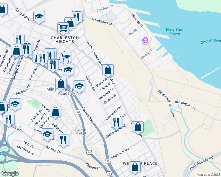 map of restaurants, bars, coffee shops, grocery stores, and more near 2931 Spruill Avenue in North Charleston
