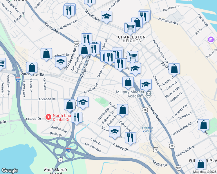 map of restaurants, bars, coffee shops, grocery stores, and more near 3227 Truman Avenue in North Charleston