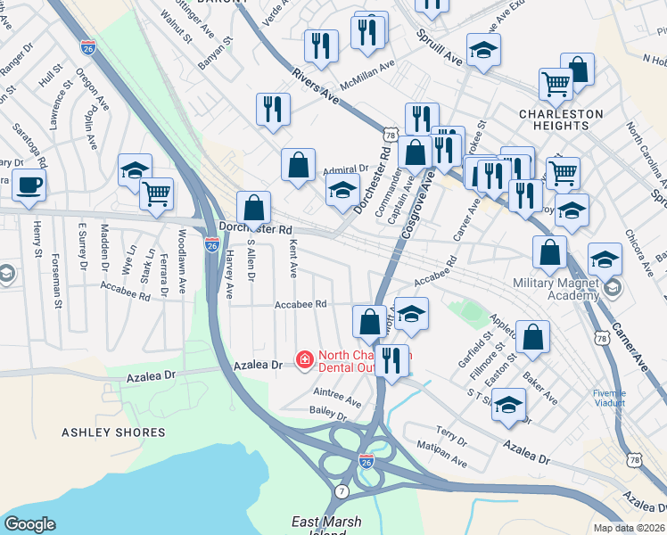 map of restaurants, bars, coffee shops, grocery stores, and more near 2227 Bailey Drive in North Charleston