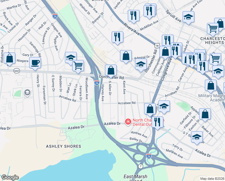 map of restaurants, bars, coffee shops, grocery stores, and more near 2612 South Allen Drive in North Charleston