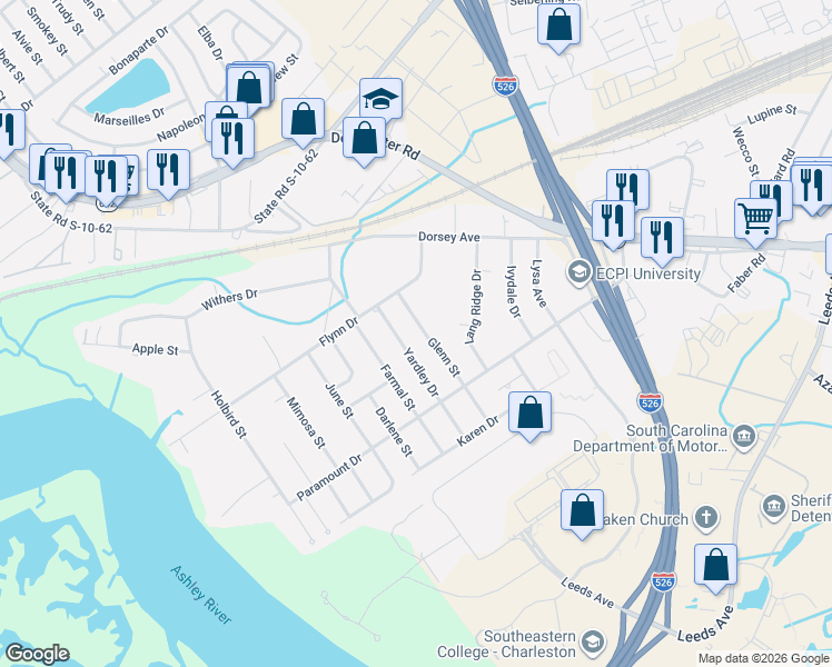 map of restaurants, bars, coffee shops, grocery stores, and more near 4750 Yardley Drive in North Charleston